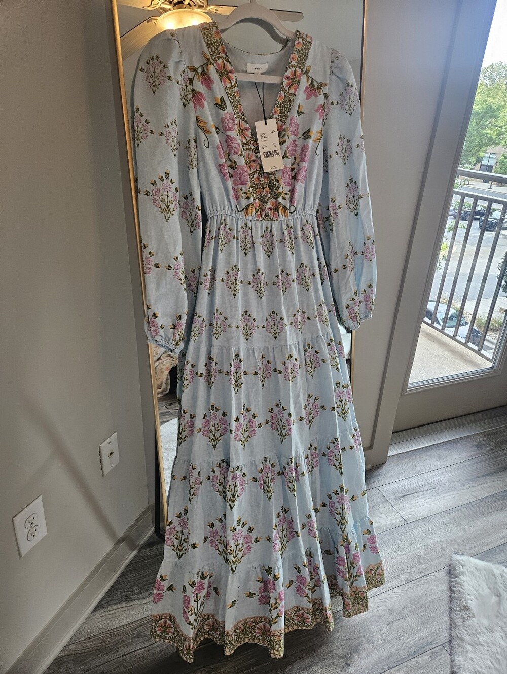 Light Blue Linen Floral Maxi Dress